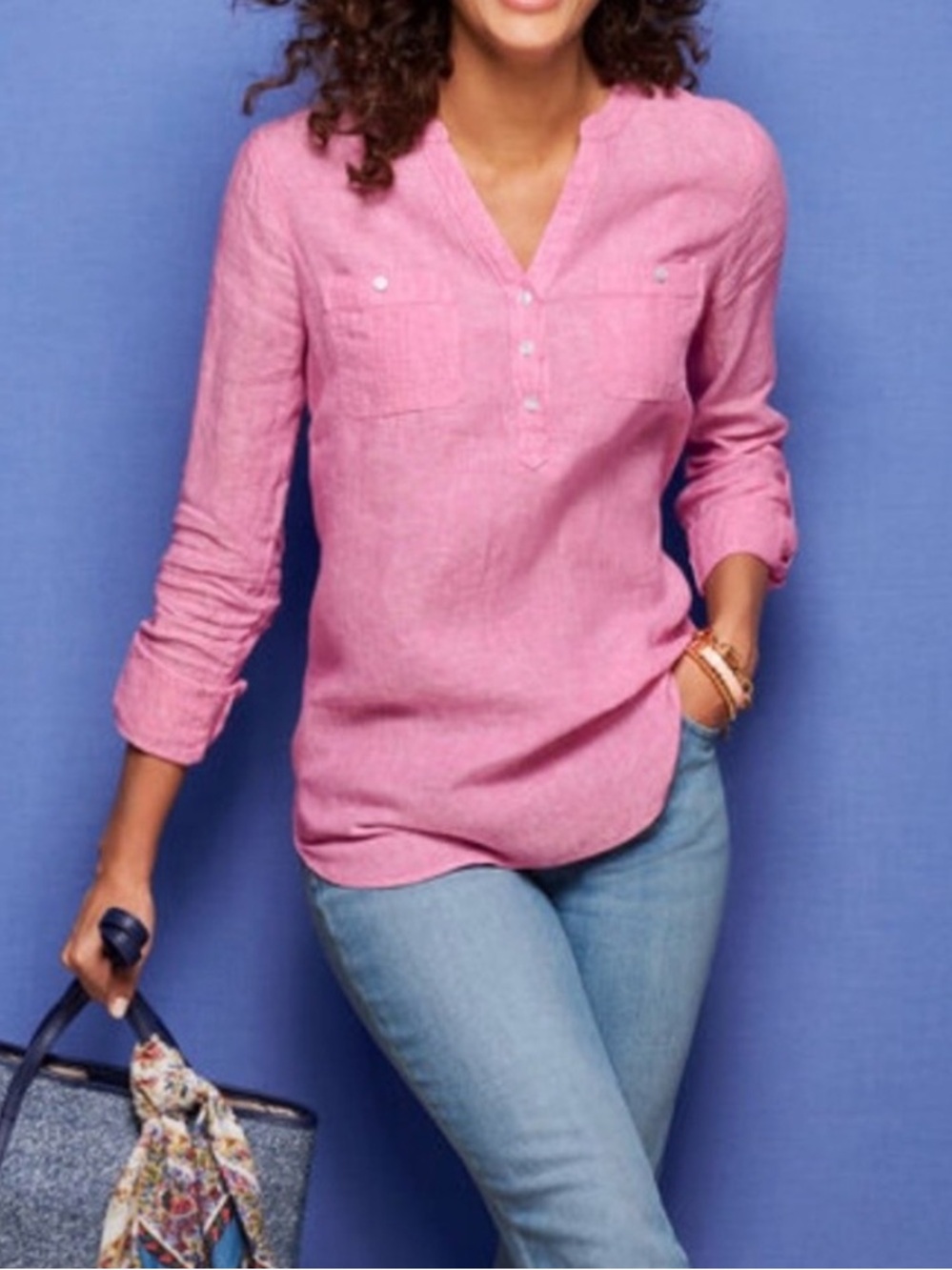 TALBOTS Pink Linen Popover Top Roll Tab Sleeve Lightweight Classic Blouse M